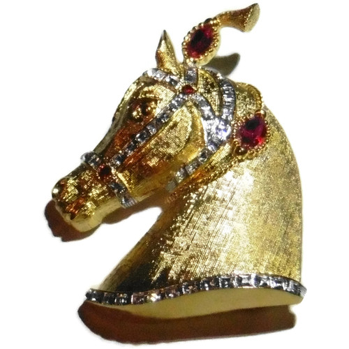 Signed Vintage Mandel Horse Equestrian Pin with Red Crystals Made in USA Cira 1950's