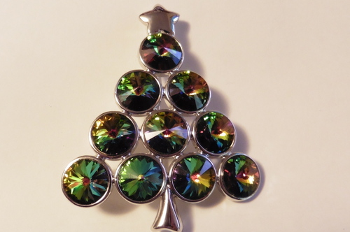 Signed Lia ( Lianne )  Watermellon Crystal Christmas Tree Pin / Brooch 